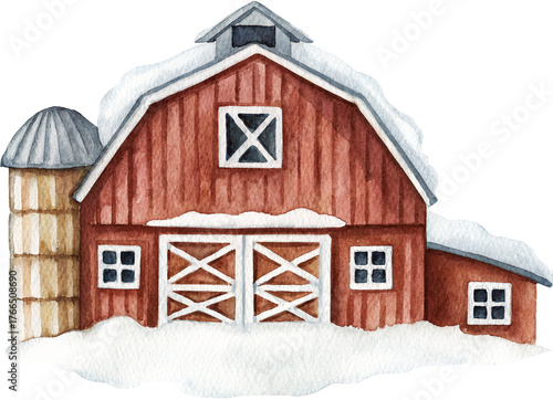 Watercolor red barn with snow on transparent background.
