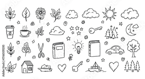 Vector art of hand drawn doodle set with various objects for creative projects and designs