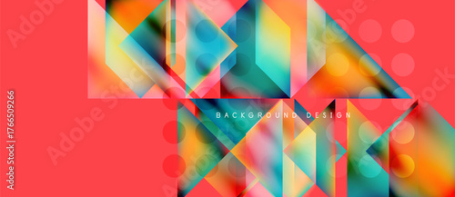 Abstract geometric composition. Vibrant colors blend, creating dynamic visual texture. Modern design elements overlap, forming complex patterns.