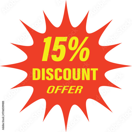 A red starburst seal graphic with yellow text indicating a 15% off discount for sales and promotions.