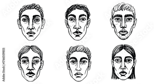 Vector art of collection of six hand drawn faces with different hairstyles