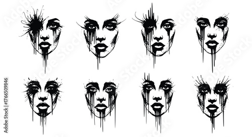 Vector art of collection of eight abstract faces with dripping paint