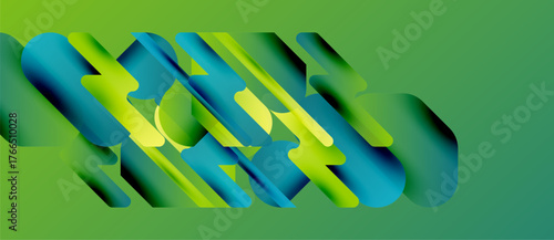 Abstract composition featuring overlapping geometric shapes. Green, yellow, blue hues create dynamic visual effect. Modern design.