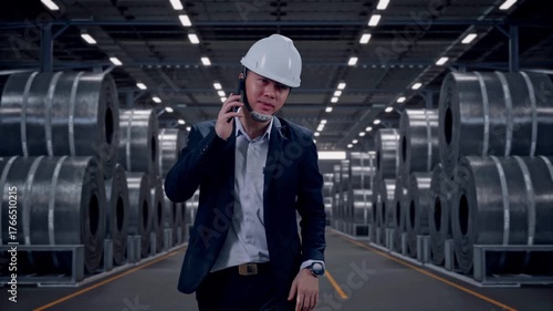 Wallpaper Mural Front View of Asian Businessman Talking On Smartphone While Walking in Warehouse of Metal Steel Coils Torontodigital.ca