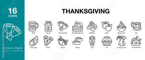 Thanksgiving icon set. Includes thanksgiving, holiday, gratitude, thankful, family and More. Editable Stroke Icon Collection.