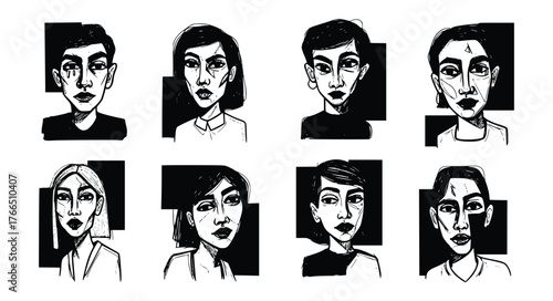 Vector art of handdrawn portraits of diverse people, showcasing unique facial features and expressions