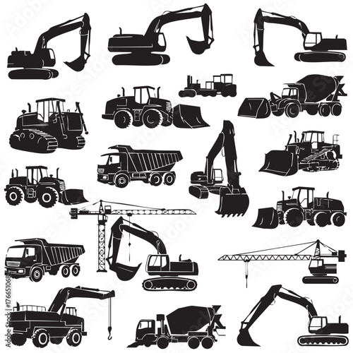 set of construction equipment. Collection of commercial equipment for construction work. Excavator, bulldozer, tractor, loader Vector illustration.