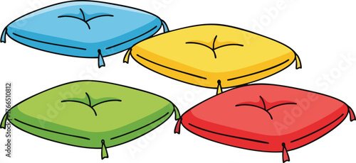 Four Colorful Square Floor Cushions in Blue Yellow Green and Red Arranged on White Background