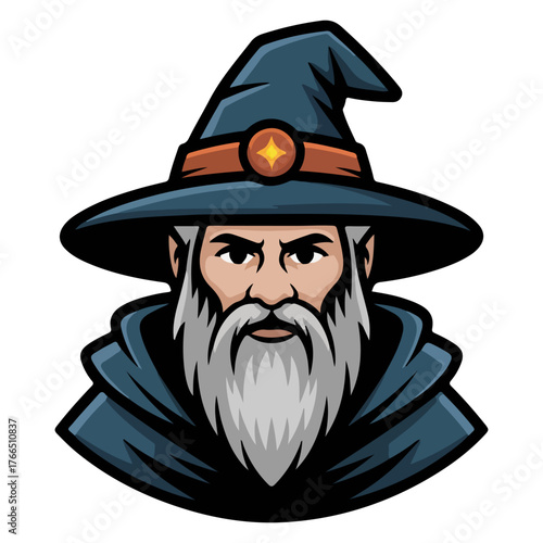 Mystical Wizard in a Detailed Illustration, With a star on Hat. Portraying a wise, magical individual with a long beard and intense eyes