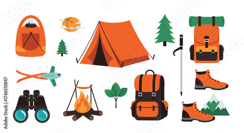 Collection of camping and hiking equipment and accessories for outdoor adventures.