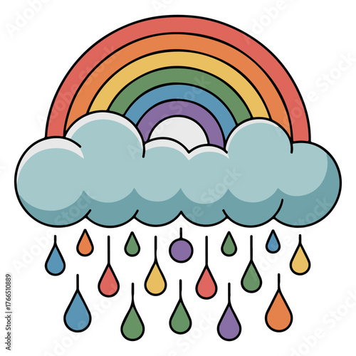 Colorful rainbow with rain drops and a cloud in the sky