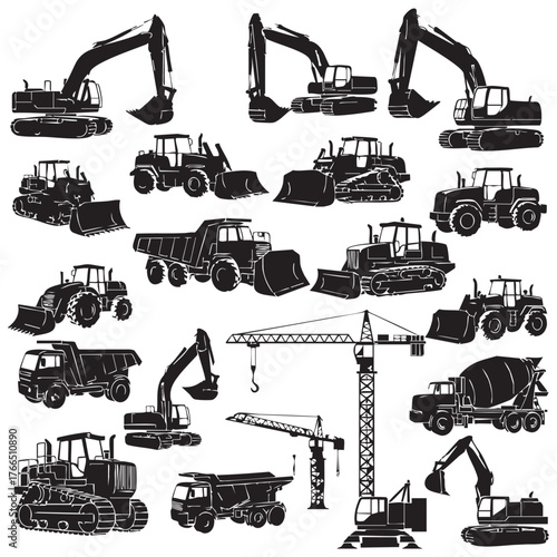 set of construction equipment. Collection of commercial equipment for construction work. Excavator, bulldozer, tractor, loader Vector illustration.
