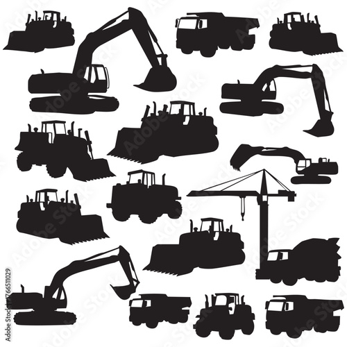 set of construction equipment. Collection of commercial equipment for construction work. Excavator, bulldozer, tractor, loader Vector illustration.