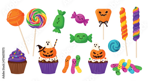 A colorful assortment of Halloween themed candies and treats, including lollipops, cupcakes, and gummy worms.