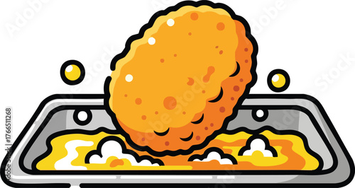 Golden Brown Chicken Nugget Being Fried in a Metal Pan With Bubbles and Oil