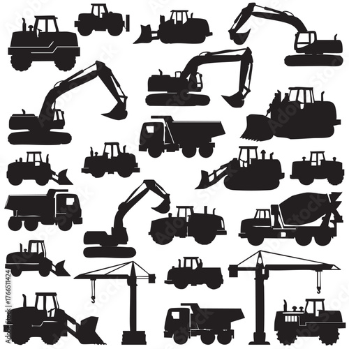 Construction vehicles, tractors, and heavy machinery icons .road roller, bulldozer, backhoe, excavator, dump truck, and crane.vector style design