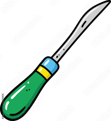 Green Handled Gardening Tool With Silver Blade And Blue Yellow Accents On White Background