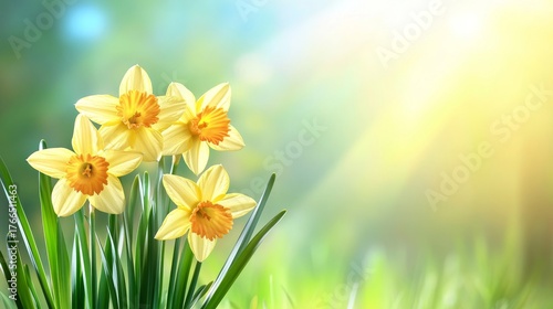 Vibrant Daffodils Bloom in Warm Sunlight, Capturing the Essence of Springtime s Colorful Beauty