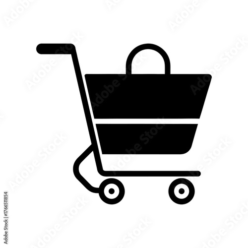 Online Shopping Cart Icon with Bag Inside on Black and White Background.