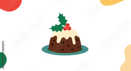 Christmas pudding decorated with holly and berries on a teal plate, set against a white background with abstract colorful shapes.