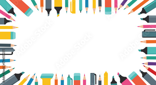 Border of colorful art supplies including pencils, markers, and erasers on a white background.