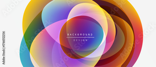 Abstract colorful circles overlap creating dynamic background. Gradient hues blend, forming modern design element. Text reads background design.