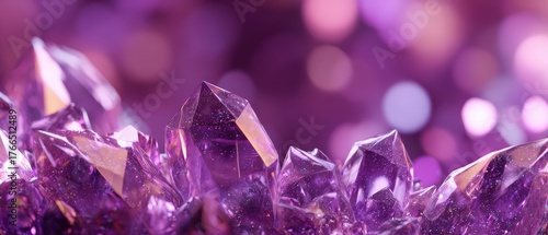 Amethyst Crystals CloseUp with Bokeh Background, Purple Gemstones for Healing and Spirituality Concept of Mineralogy, Geology, and Gem Therapy
