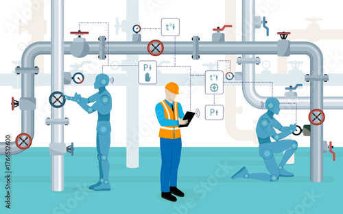 Human engineer controlling and  programming technical process with human-robots. Automation cybernetics control, repair or monitoring pipeline structure in industry.