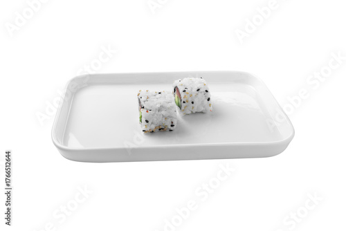 detailed studio shot of two uramaki sushi rolls containing salmon, avocado and cucumber on a rectangular white ceramic plate - uramaki