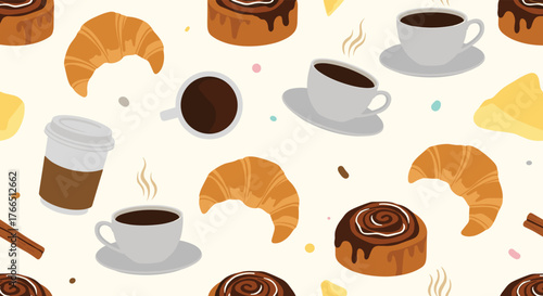 Seamless pattern of pastries and coffee cups with a simple and cheerful design.