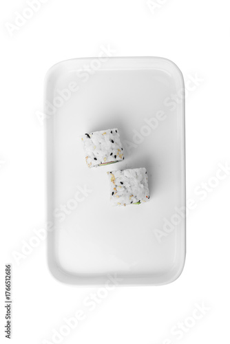 top view vertical image of two uramaki sushi rolls filled with salmon, avocado and cucumber, isolated on minimalist white background - uramaki