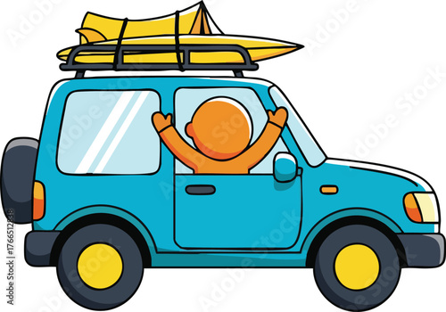 Joyful orange figure driving blue car with surfboard on roof rack during daytime