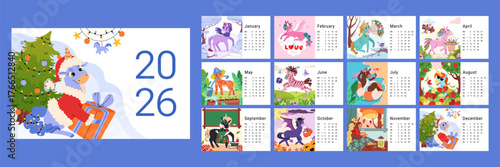 Horizontal calendar for 2026 featuring charming horse in monthly fantasy themes. Each scene shows unique mood for every season. Week starts on Monday. Ideal for gift, kids room, or printable decor