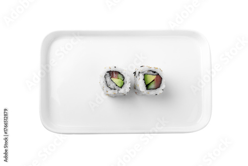 top-down view of two uramaki sushi rolls filled with salmon, avocado and cucumber, served on clean white ceramic plate - uramaki