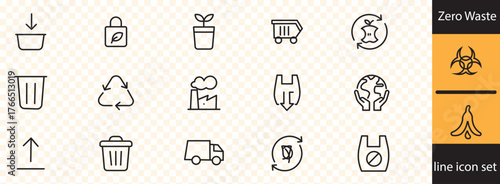 Zero Waste line icon set . including recycling, waste management, composting, trash, pollution, landfill, composting, waste sorting