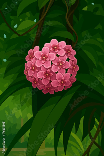A cluster of pink flowers blooming in the midst of lush green foliage. The flowers are small, five-petaled, and tightly grouped into a spherical shape, hanging gracefully from a vine. The scene is ill