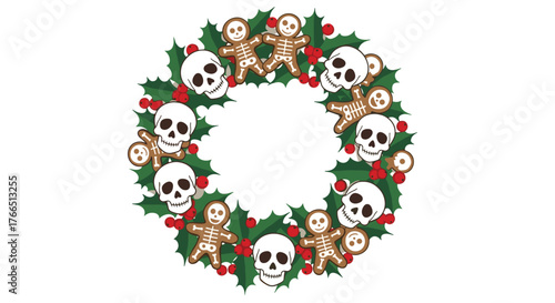 Halloween-themed Christmas wreath featuring gingerbread skeleton cookies and skulls.