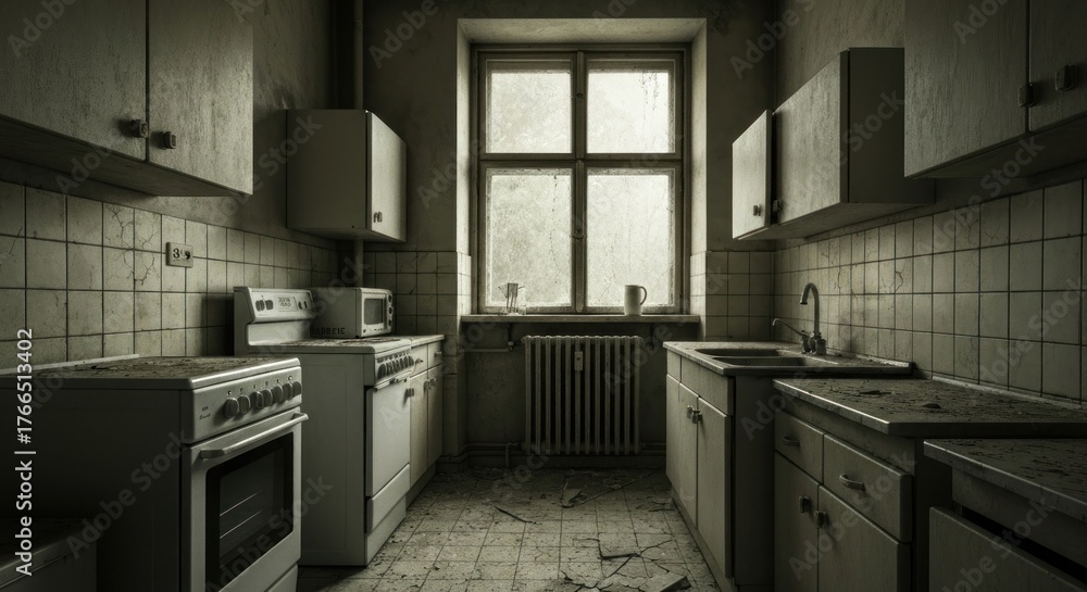 Fototapeta premium A dilapidated, grey kitchen with old appliances, a dirty window, and peeling walls