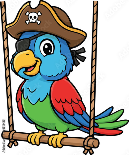 Pirate Parrot on Swing Vector – Cute Colorful Cartoon Mascot Bird with Pirate Hat and Eyepatch