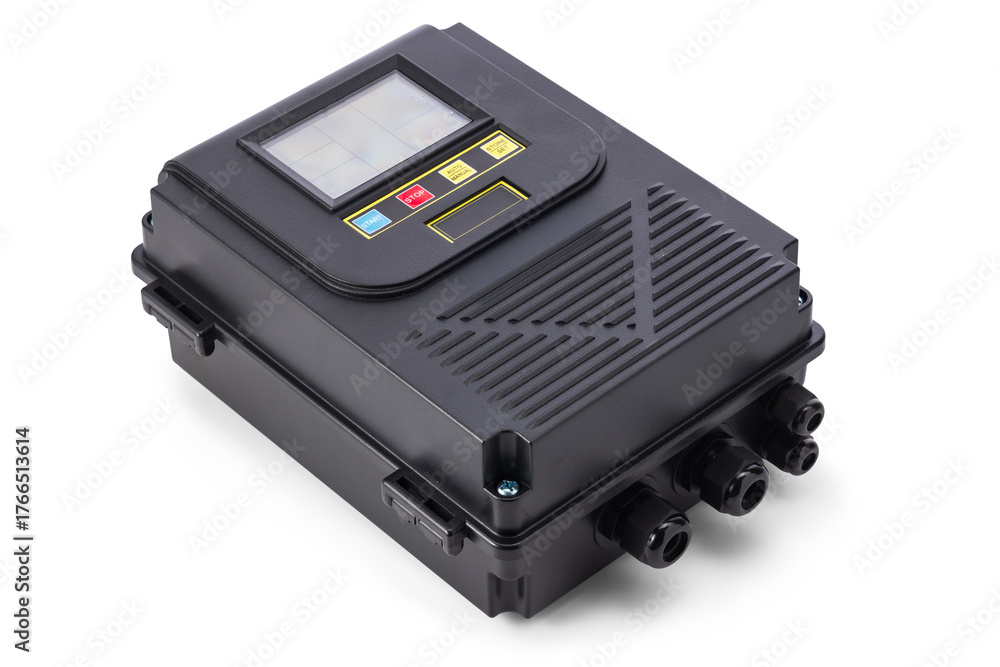 Obraz premium Industrial Control Inverter Box With Touchscreen Display And Cable Connectors For Power Systems. Inverter for controlling the electric current and power stabilizer isolated on white background