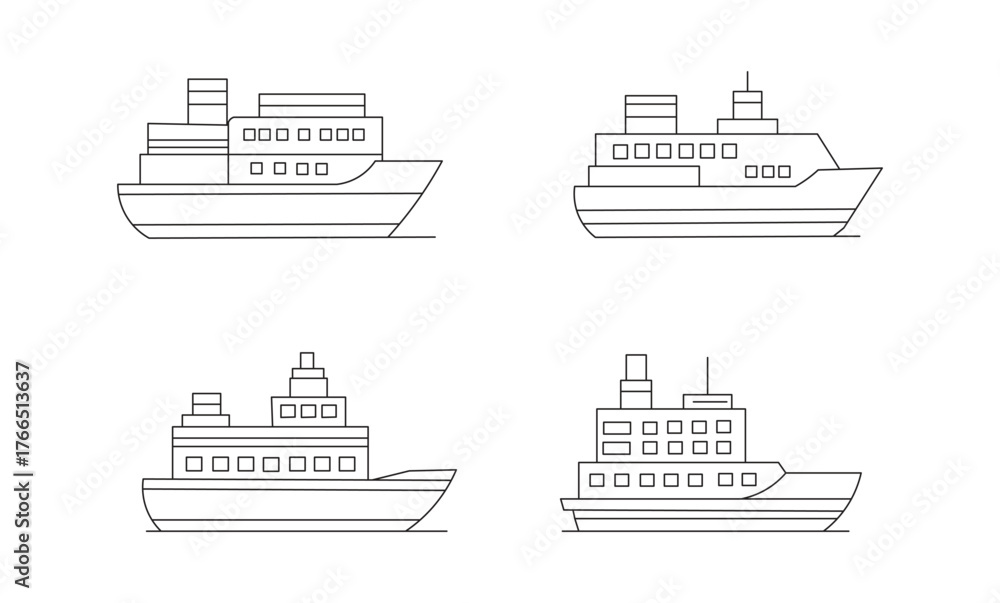 Obraz premium Ship Line Icons Set – Cargo, Ferry, Cruise, and Marine Transport Outline Vector Collection