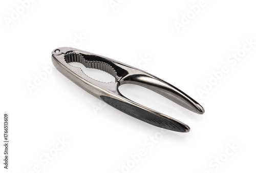 Stainless steel nutcracker kitchen tool with ergonomic handles isolated on white background