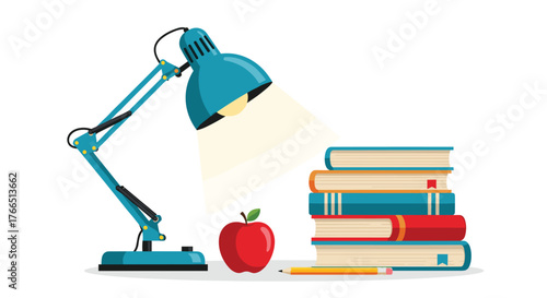 A teal desk lamp illuminates a stack of colorful books, a red apple, and a pencil on a white background.