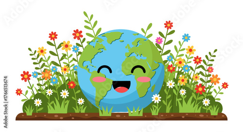 A joyful Earth illustration surrounded by vibrant flowers and green grass, celebrating nature and environmental care, perfect for eco-friendly themes