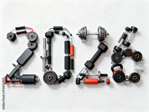 Gym Equipment Forming the Number 2026 on a Clean White Background