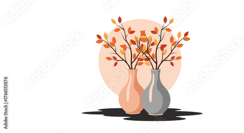 Two autumn branches with colorful leaves in vases against a pale orange circle background.