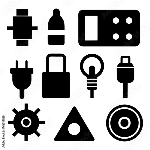 Electrical Plug, Cable, Switch and Fuse Set – Clean White Background.