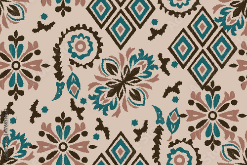 bohemian ikat seamless pattern featuring floral and geometric motifs in teal, brown, and beige colors. ethnic textile art and traditional weaving. perfect for fabric prints, wallpapers, fashion 