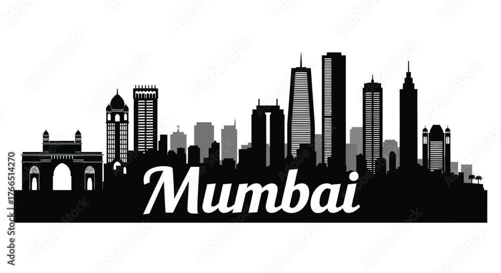 Fototapeta premium A black and white silhouette of the Mumbai skyline, featuring iconic buildings and the Gateway of India.