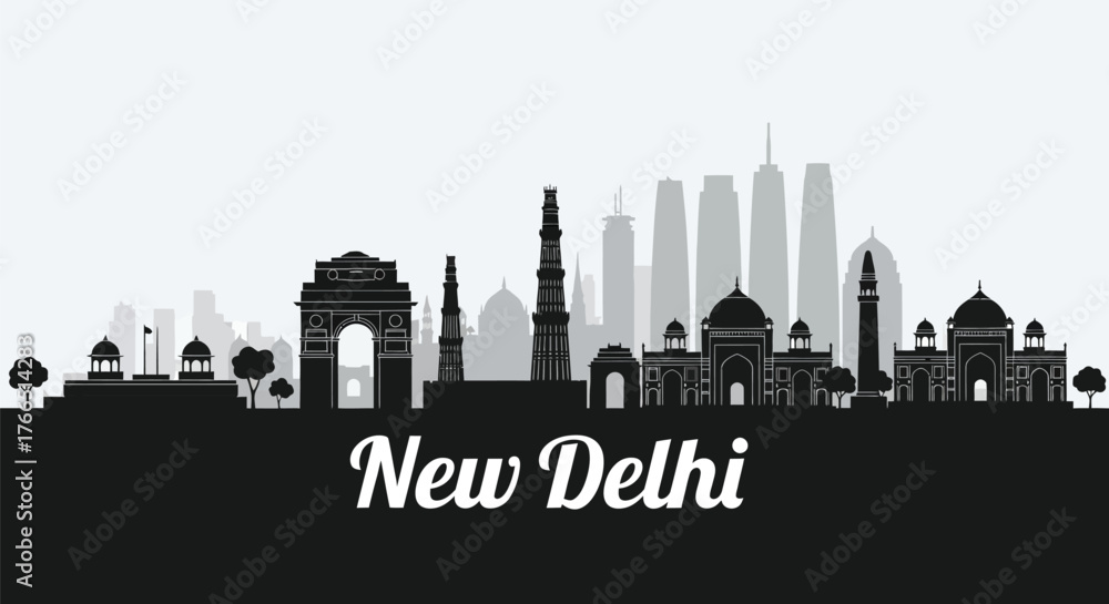 Naklejka premium Black and white silhouette of the iconic New Delhi city skyline featuring famous landmarks and modern buildings.